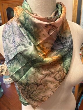 Vintage hand rolled water color print silk scarf